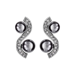 Boucles d\'oreilles en argent rhodié vague d\'oxydes blancs sertis avec perles grises et fermoir poussette - Vue 1