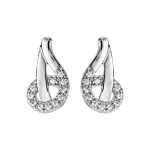 Boucles d\'oreilles en argent rhodié volute avec 1 partie lisse et l\'autre ornée d\'oxydes blancs sertis - fermoir clou avec poussette - Vue 1