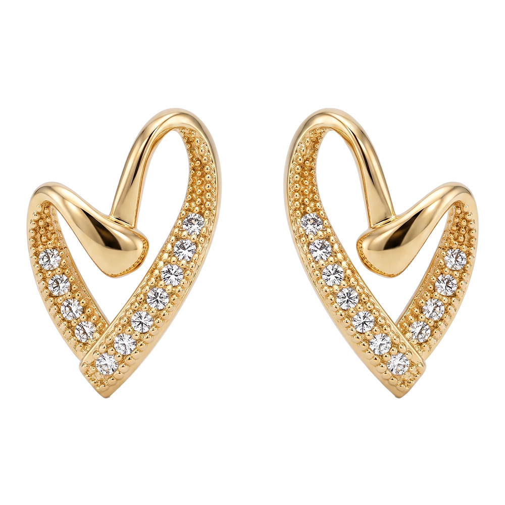 Boucles d\'oreilles en plaqu� or c�ur courb� orn� d\'oxydes blancs sertis et fermoir poussette - Vue 1