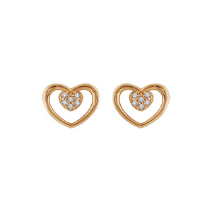 Boucles d\'oreilles en plaqu or coeur vid avec 1 autre coeur plus petit et pav d\'oxydes blancs  l\'intrieur et fermoir poussette - Vue 1