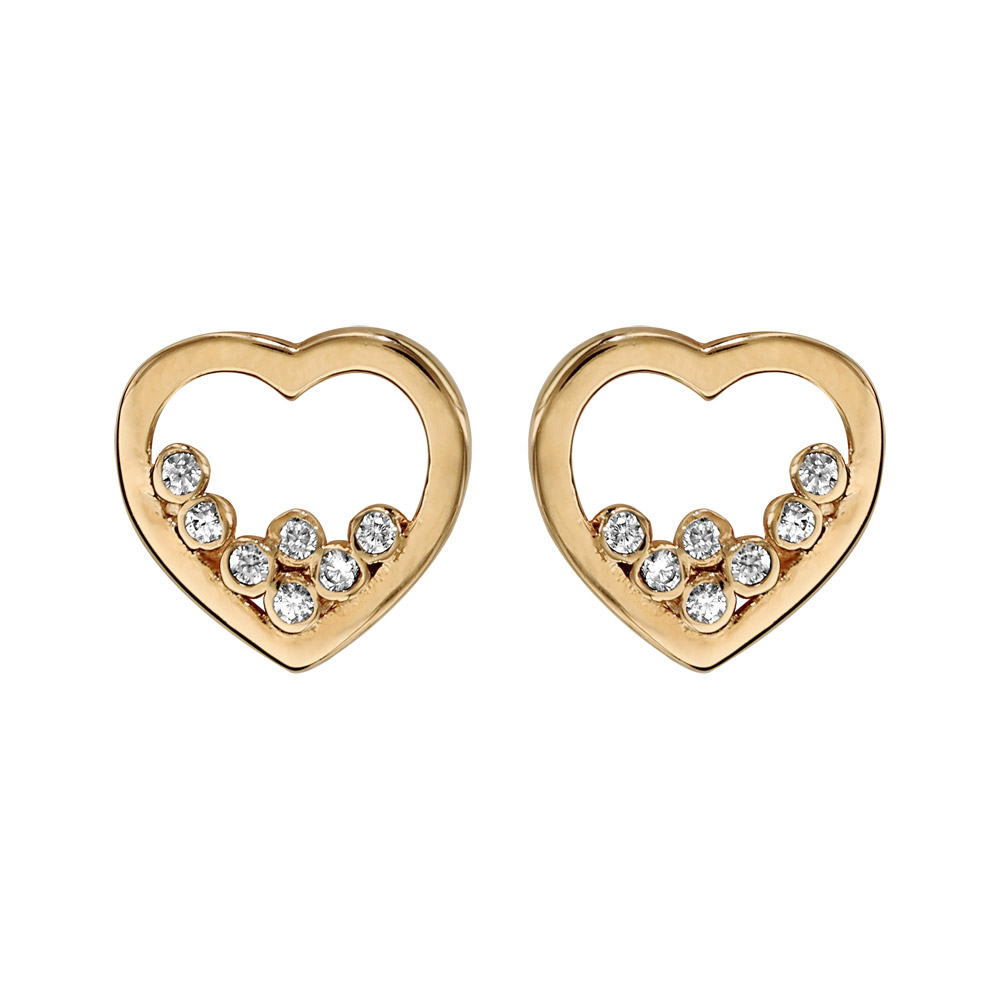 Boucles d\'oreilles en plaqu� or c�ur �vid� avec 7 oxydes blancs sertis et fermoir poussette - Vue 1