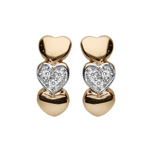 Boucles d\'oreilles en plaqué or cœurs 2 lisses et 1 orné oxydes blancs sertis et fermoir poussette - Vue 1