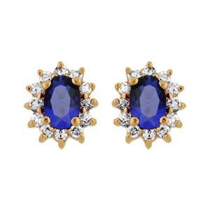 Boucles d\'oreilles en plaqu or collection joaillerie oxyde bleu au centre et petits oxydes blancs autour et fermoir poussette - Vue 1