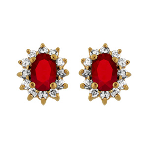 Boucles d\'oreilles en plaqu or collection joaillerie oxyde rouge au centre et petits oxydes blancs autour et fermoir poussette - Vue 1