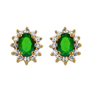 Boucles d\'oreilles en plaqu or collection joaillerie oxyde vert au centre et petits oxydes blancs autour et fermoir poussette - Vue 1