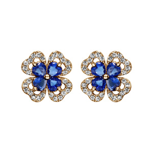 Boucles d\'oreilles en plaqu or collection joaillerie trfle  4 feuilles en oxydes bleus avec contours en oxydes blancs sertis et fermoir poussette - Vue 1