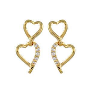 Boucles d\'oreilles en plaqué or cœurs entrelacés suspendus avec rail d\'oxydes blancs et fermoir poussette - Vue 1