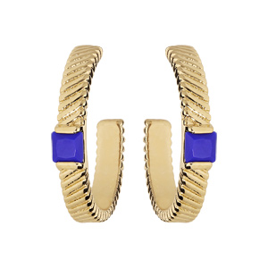 Boucles d\'oreilles en plaqué or demi-créoles diamanté avec pierre carree bleu nuit et fermoir poussette - Vue 1
