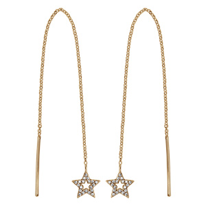 Boucles d\'oreilles en plaqué or étoile passantes avec chaînette avec baguette à 1 extrémité et étoile évidée ornée d\'oxydes blancs sertis à l\'autre - Vue 1