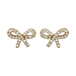 Boucles d\'oreilles en plaqué or noeud féminin en oxydes blancs sertis et fermoir poussette - Vue 1