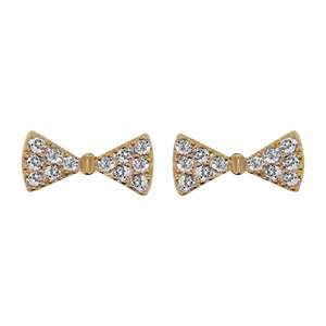 Boucles d\'oreilles en plaqué or noeud papillon en oxydes blancs sertis et fermoir clou avec poussette - Vue 1