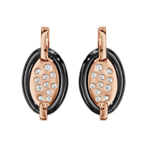 Boucles d\'oreilles en plaqué or rose barrette retenant 1 ovale en céramique noire et éclats d\'oxydes blancs sertis et fermoir clou avec poussette - Vue 1