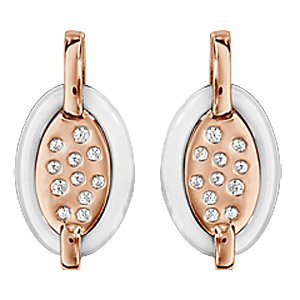 Boucles d\'oreilles en plaqué or rose ovale en céramique blanche avec éclats d\'oxydes blancs sertis et fermoir clou avec poussette - Vue 1