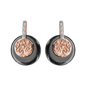 Boucles d\'oreilles en plaqué or rose rondes céramique noire arbre de vie et oxydes blancs sertis fermoir tige à poussette - Vue 1