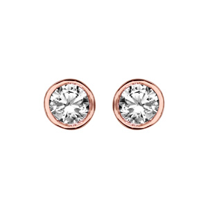 Boucles d\'oreilles en plaqu or rose solitaire oxyde rond blanc serti clos et fermoir poussette - Vue 1