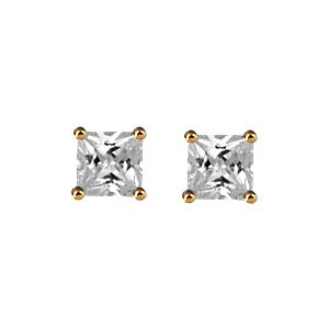 Boucles d\'oreilles en plaqué or solitaire oxyde carré blanc serti 4 griffes et fermoir poussette - Vue 1