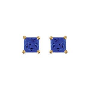 Boucles d\'oreilles en plaqu or solitaire oxyde carr bleu fonc 4 griffes et fermoir poussette - Vue 1