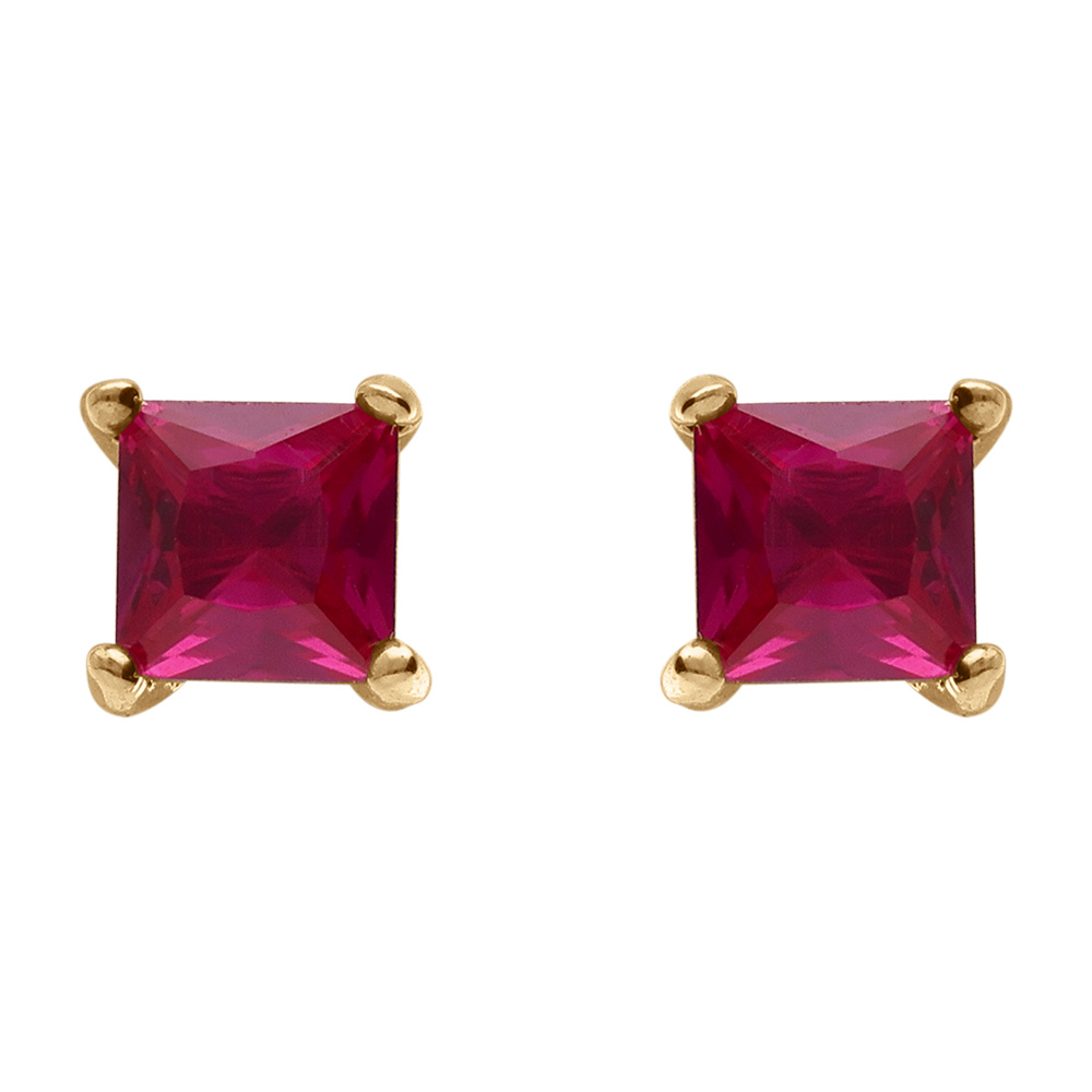 Boucles d\'oreilles en plaqu� or solitaire oxyde carr� rouge serti 4 griffes et fermoir poussette - Vue 1
