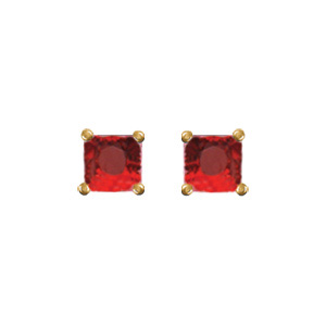 Boucles d\'oreilles en plaqu or solitaire oxyde carr rouge serti 4 griffes et fermoir poussette - Vue 1