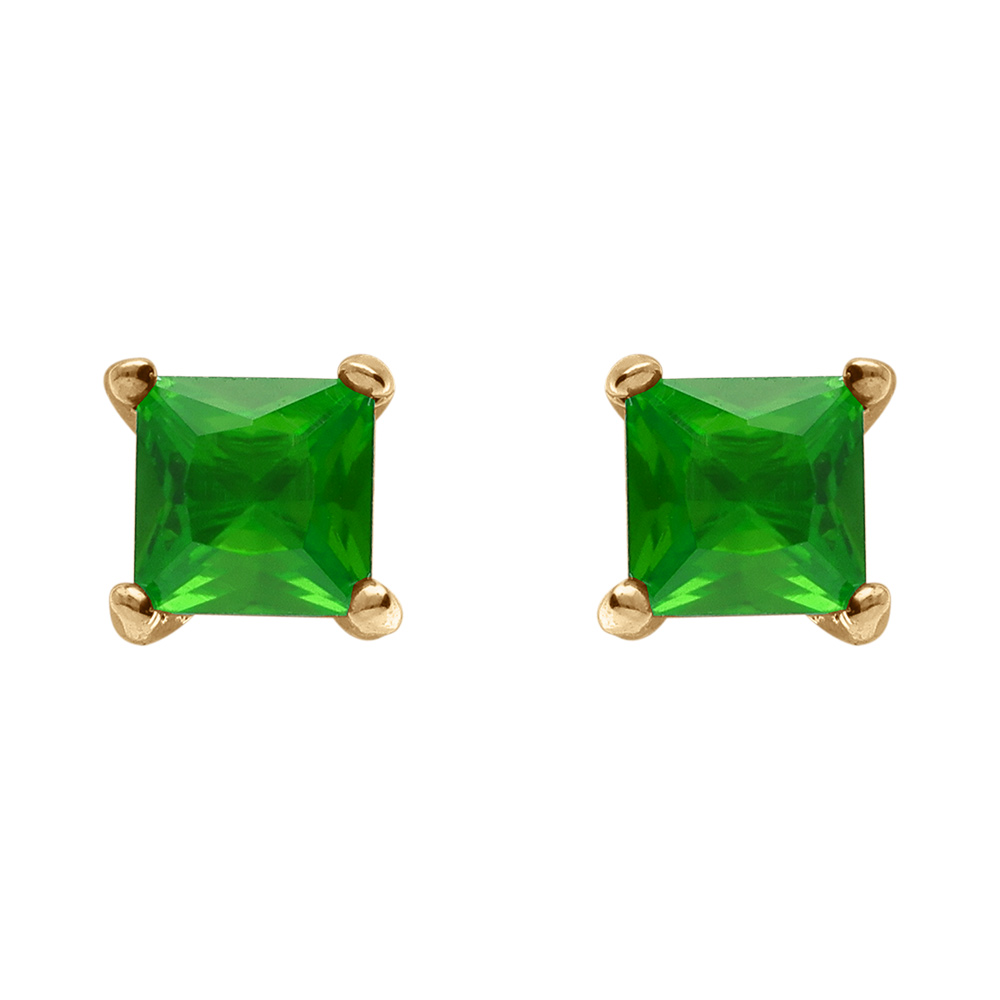 Boucles d\'oreilles en plaqu� or solitaire oxyde carr� vert serti 4 griffes et fermoir poussette - Vue 1