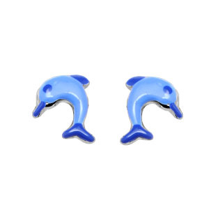 Boucles d\'oreilles enfant en argent dauphin bleu et fermoir poussette - Vue 1