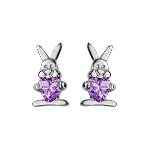 Boucles d\'oreilles enfant en argent rhodi lapin avec oxyde violet et fermoir poussette - Vue 1