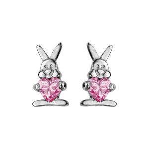 Boucles d\'oreilles enfant en argent rhodi lapin et oxyde rose fermoir poussette - Vue 1