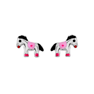 Boucles d\'oreilles enfant en argent rhodi poney color et fermoir poussette - Vue 1