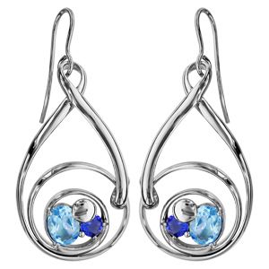 Boucles d\'oreilles finition argentée rhodié crochet spirale verres taillés main bleus - Vue 1