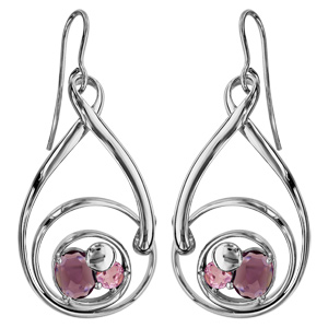 Boucles d\'oreilles finition argentée rhodié crochet spirale verres taillés main rose/violet - Vue 1