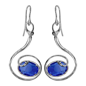 Boucles d\'oreilles finition argentée rhodié crochet volute verre taillé main bleu foncé - Vue 1