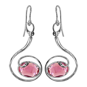 Boucles d\'oreilles finition argentée rhodié crochet volute verre taillé main rose - Vue 1