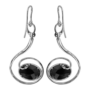 Boucles d\'oreilles finition argentée rhodié crochet volute verre taillé noir - Vue 1