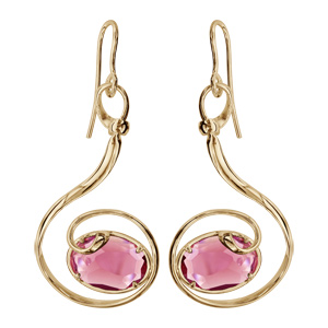 Boucles d\'oreilles finition dorée crochet volute verre taillé main rose - Vue 1
