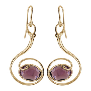 Boucles d\'oreilles finition dorée crochet volute verre taillé violet - Vue 1