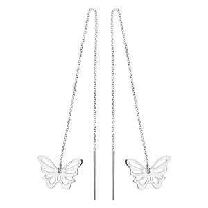 Boucles d\'oreilles passantes en acier chaînette avec papillon ajouré à 1 extrémité et baguette à l\'autre - Vue 1