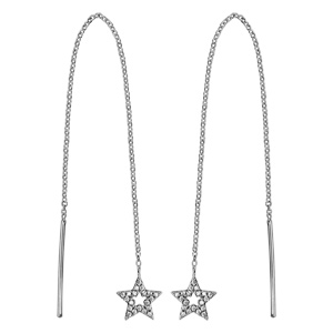 Boucles d\'oreilles passantes en argent rhodié chaînette avec baguette à 1 extrémité et étoile évidée ornée d\'oxydes blancs sertis à l\'autre - Vue 1