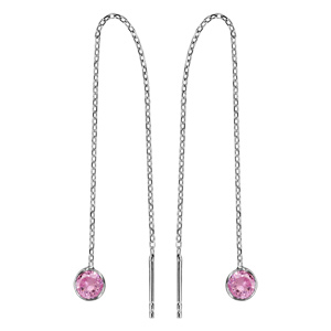 Boucles d\'oreilles passantes en argent rhodié chaînette avec oxyde rose à 1 extrémité et baguette à l\'autre - Vue 1