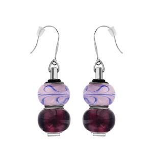 Boucles d\'oreilles pendantes en acier 2 boules en verre avec motifs violets et fermoir crochet - Vue 1