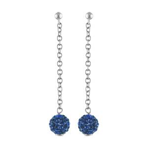 Boucles d\'oreilles pendantes en acier chaînette de 2,5cm avec 1 boule en résine et strass bleu foncé à l\'extrémité et fermoir tige à poussette - Vue 1
