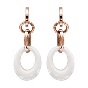 Boucles d\'oreilles pendantes en acier et PVD rose anneau ovale en céramique blanche suspendu à un anneau et fermoir clou avec poussette - Vue 1