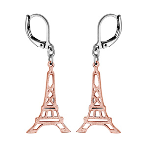 Boucles d\'oreilles pendantes en acier et PVD rose tour Eiffel granitée et fermoir dormeuse - Vue 1