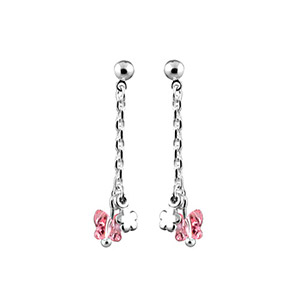 Boucles d\'oreilles pendantes en argent petite chanette avec pampilles papillon en oxyde rose et petite fleur et fermoir poussette - Vue 1