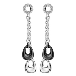 Boucles d\'oreilles pendantes en argent rhodié anneau en oxydes blanc serti retenant 2 chaînettes avec goutte évidée aux extrémités, 1 en céramique noire et l\'autre lisse et fermoir poussette - Vue 1