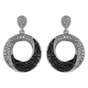 Boucles d\'oreilles pendantes en argent rhodié anneau suspendu orné d\'oxydes noirs et blancs et fermoir poussette - Vue 1