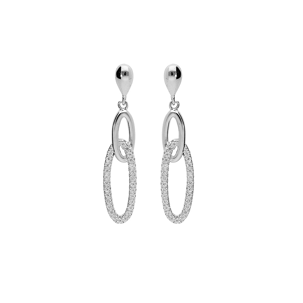 Boucles d\'oreilles pendantes en argent rhodi 2 anneaux ovales suspendus et emmaills, 1 lisse et l\'autre en oxydes blancs et fermoir poussette - Vue 1