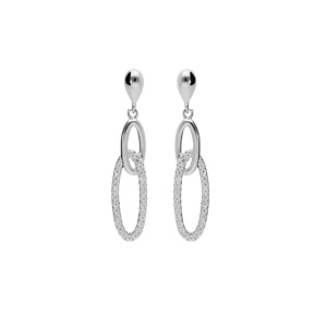 Boucles d\'oreilles pendantes en argent rhodi 2 anneaux ovales suspendus et emmaills, 1 lisse et l\'autre en oxydes blancs et fermoir poussette - Vue 1