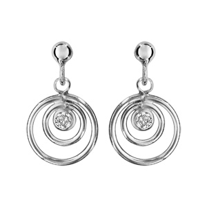 Boucles d\'oreilles pendantes en argent rhodié 2 anneaux suspendus avec 1 oxyde blanc au centre et fermoir clou avec poussette - Vue 1