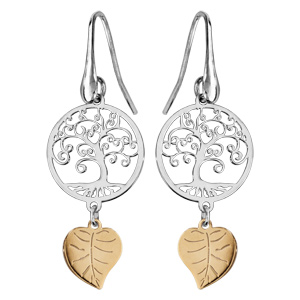 Boucles d\'oreilles pendantes en argent rhodi arbre de vie avec feuille dore jaune suspendue  fermoir crochet - Vue 1