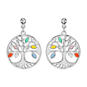 Boucles d\'oreilles pendantes en argent rhodi arbre de vie multicolore et ajour fermoir poussette - Vue 1